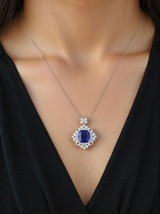 Royal-Blue Sapphire & Diamond Halo Pendant